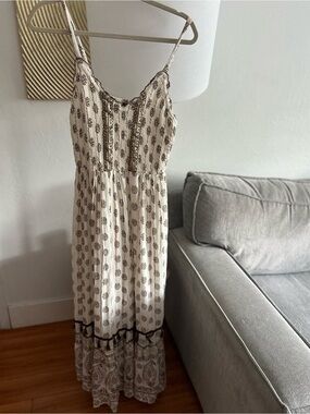 Anthropologie Me 2 Magic Maxi Dress M Flare Boho Sequins Beige Brown Smoked